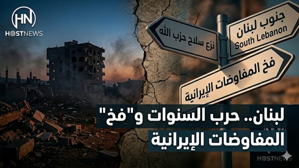 لبنان.. حرب السنوات و"فخ" المفاوضات الإيرانية 2 'جنوب لبنان' و'فخ المفاوضات الإيرانية'. الخلفية عبارة عن منظر درامي لغروب الشمس فوق مبانٍ مدمرة في لبنان."