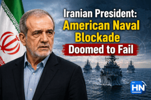 Iranian President Masoud Pezeshkian speaking about US naval blockade on Iranian ports