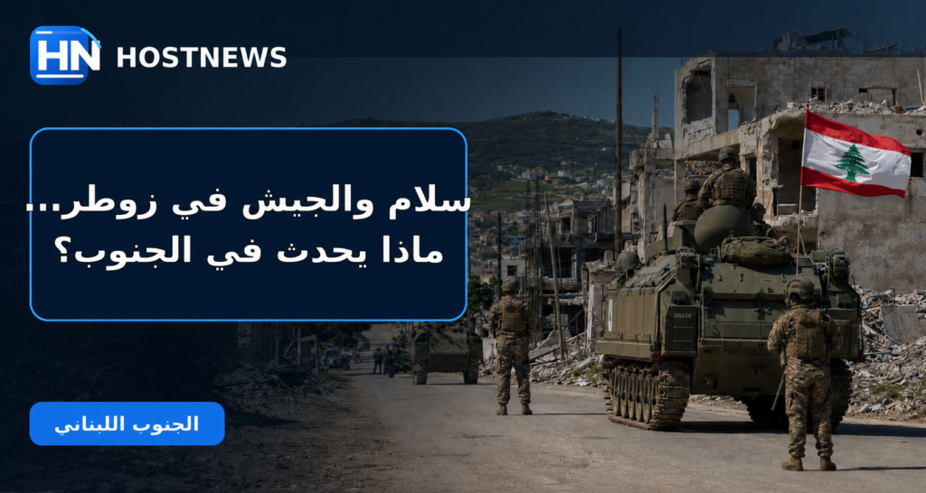 صورة تعبيرية لانتشار الجيش اللبناني في بلدة زوطر الغربية وسط الدمار، مع العلم اللبناني وشعار HostNews.